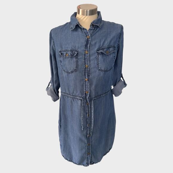 Maurices Size Small Blue Chambray Roll Tab Sleeves Dress Snap Front Tie Waist - Picture 1 of 8